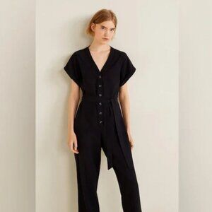 MNG Short Cuffed Sleeve V-Neck Button Front Viscose Blend Jumpsuit (M)
